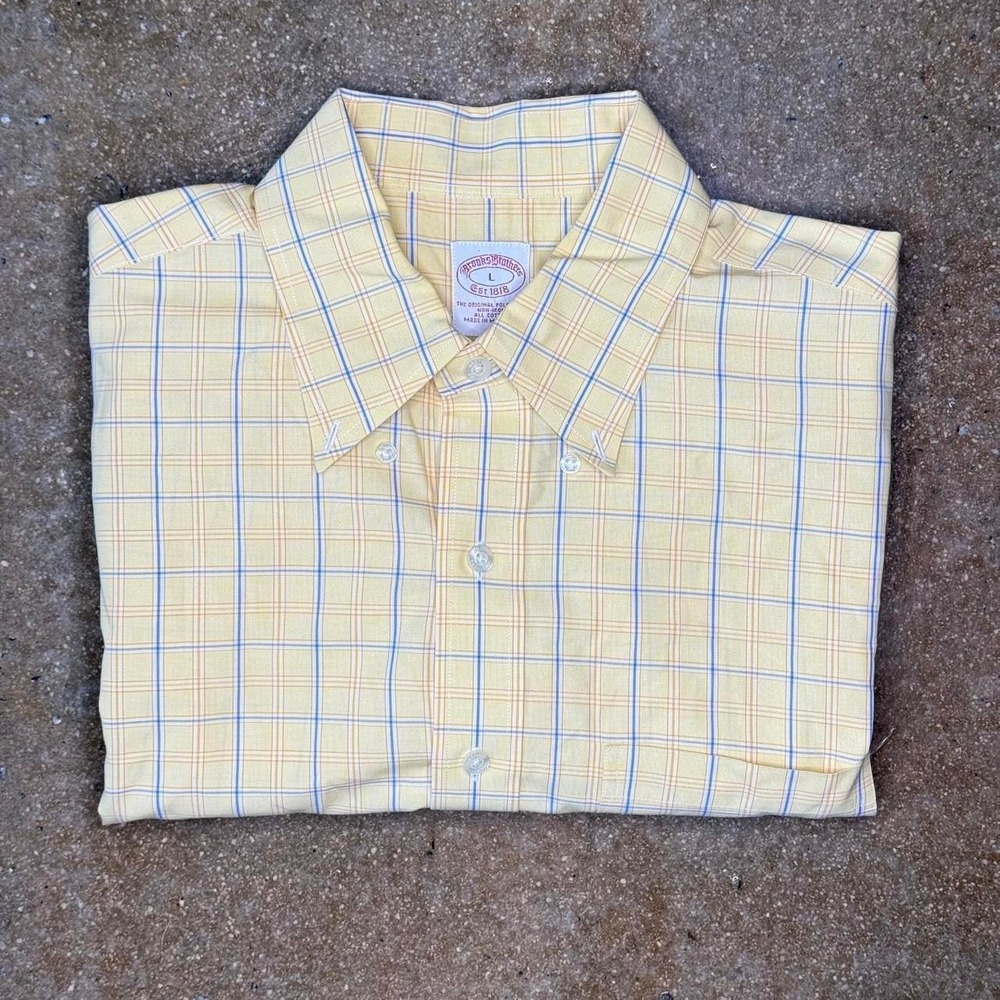 Brooks Brothers 1818 Men's L Plaid Button Up Shirt Yellow Blue Cotton